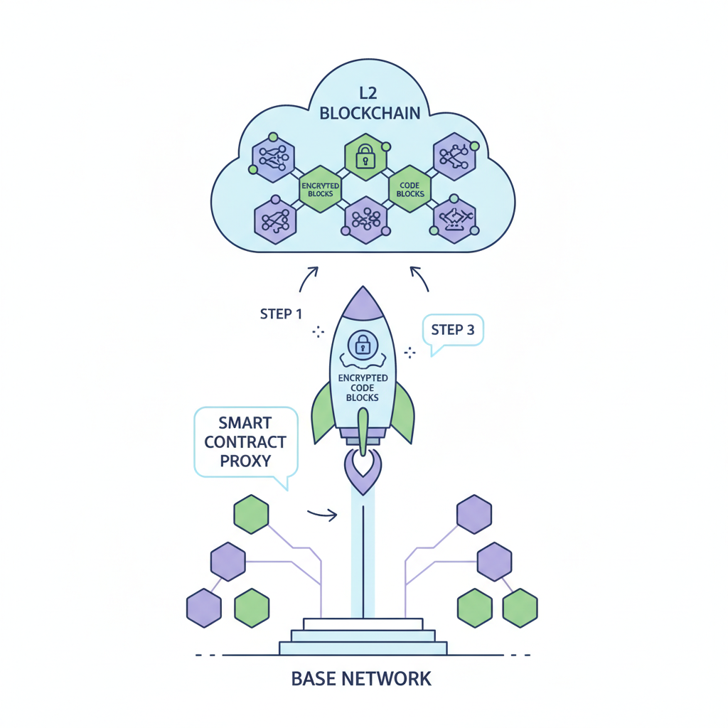 smart contract proxy deploying like a rocket to L2 blockchain, base network diagram, encrypted code blocks