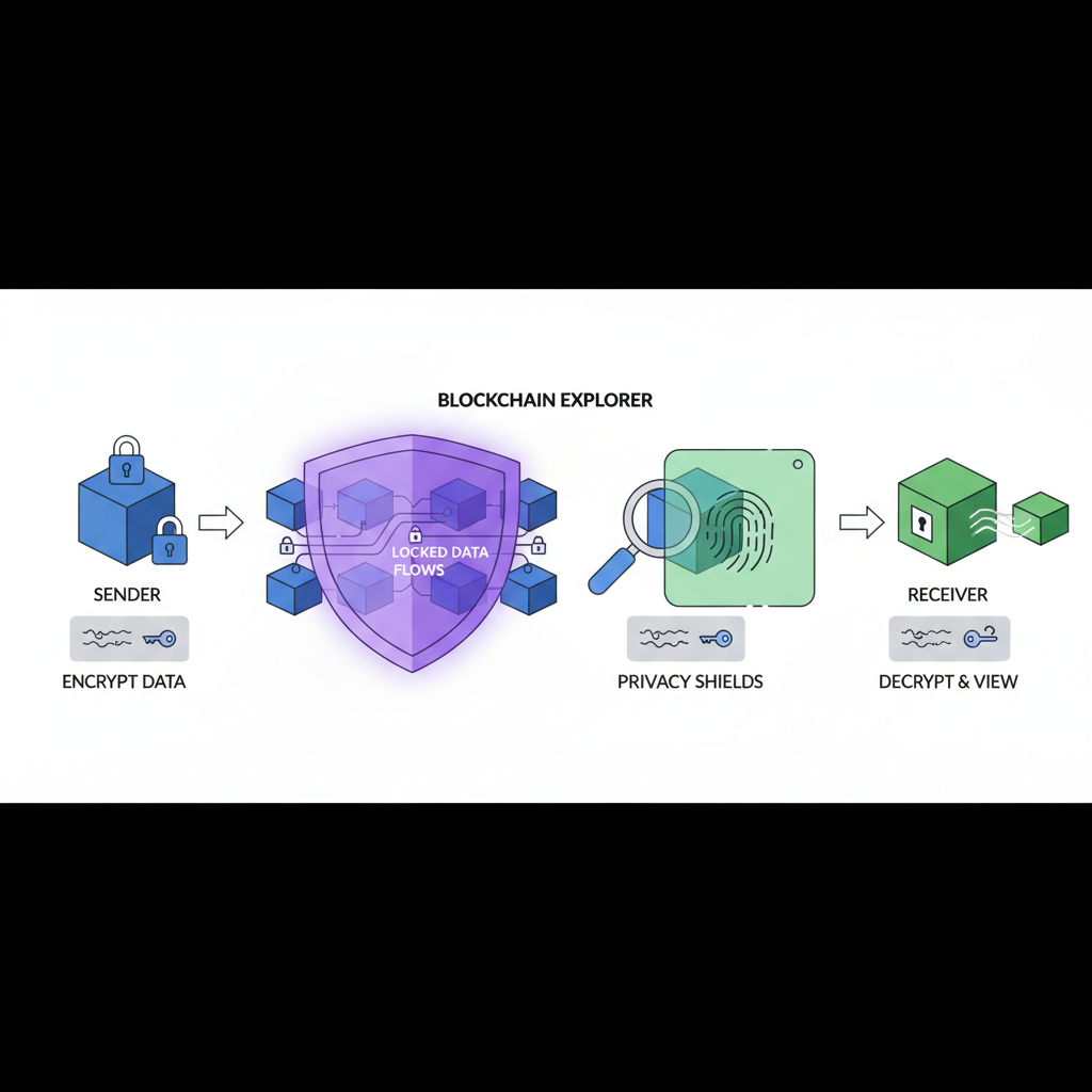 testing encrypted tx on blockchain explorer, locked data flows, privacy shields