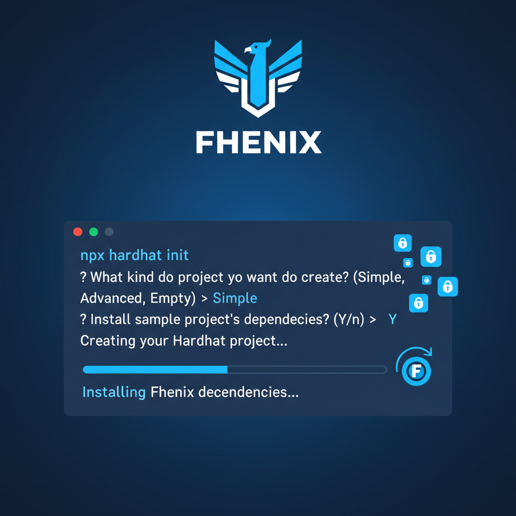 hardhat project setup screen with fhenix logo, terminal code, blue encrypted icons
