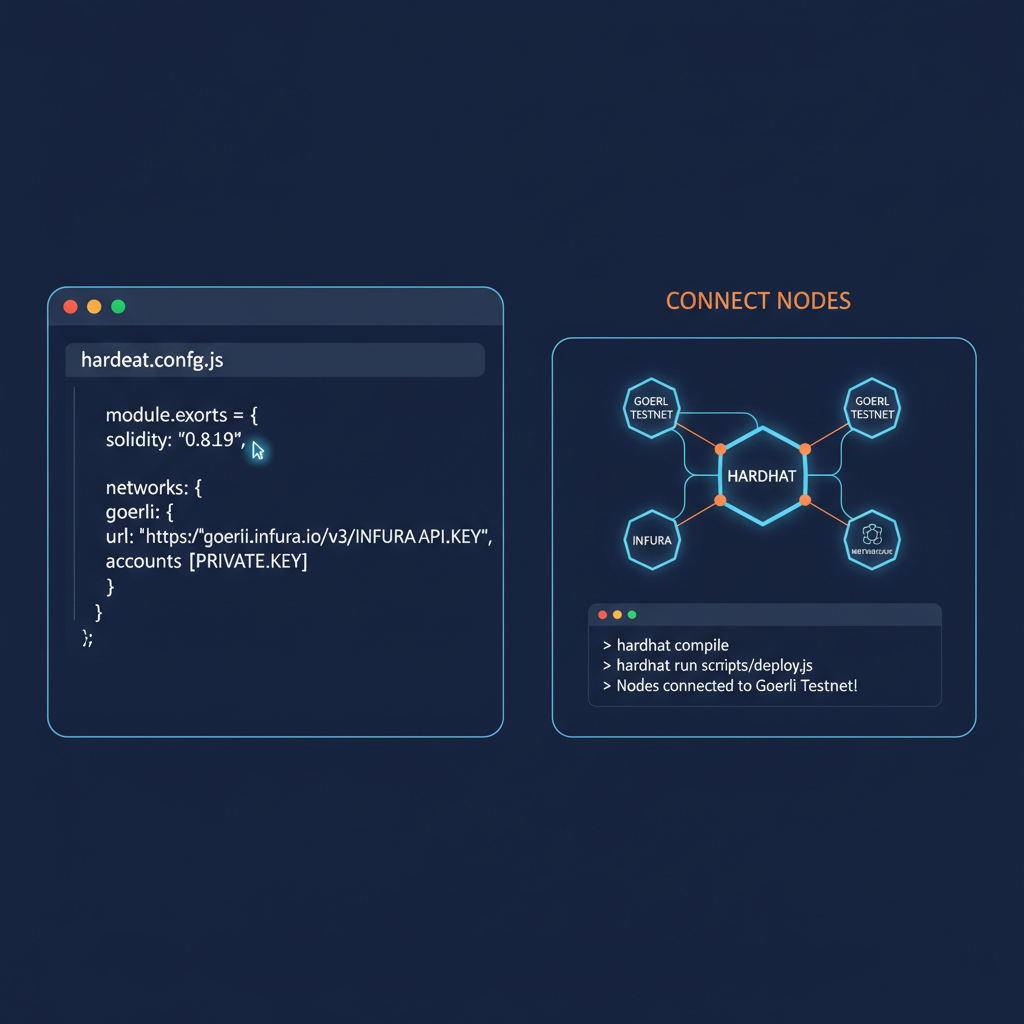 Hardhat config file editing for Ethereum testnet, blockchain nodes connecting, futuristic UI