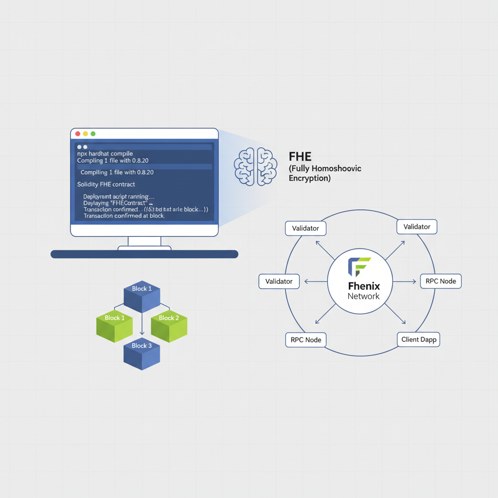 Hardhat terminal compiling Solidity FHE contract, deployment script running, Fhenix network diagram, blockchain blocks stacking