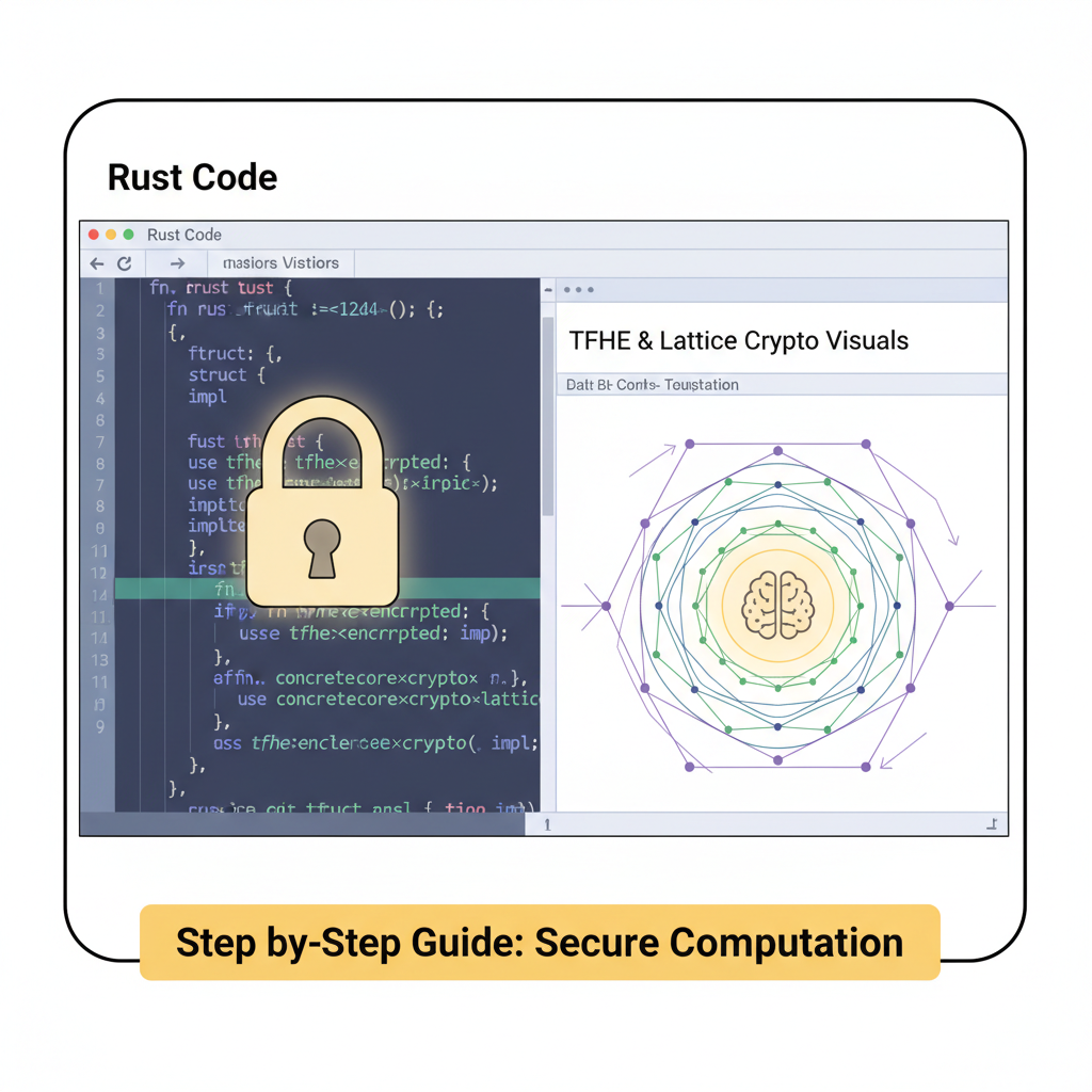 Rust code in IDE with TFHE encryption, lattice crypto visuals