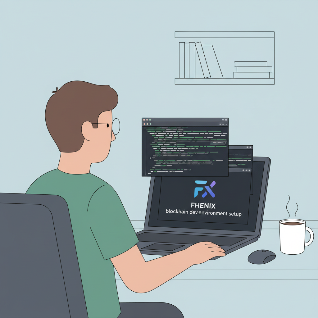 developer setting up blockchain dev environment on laptop, terminal windows open, Fhenix logo