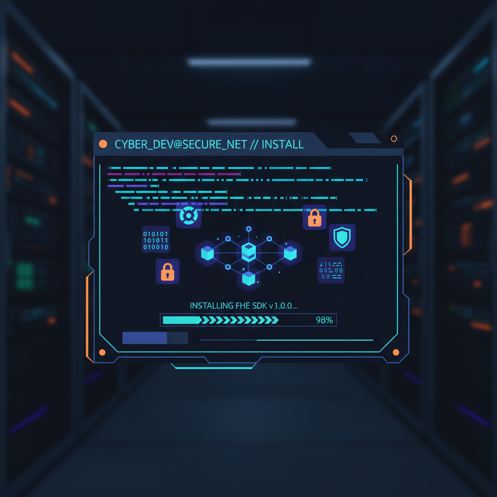 Developer terminal installing FHE SDK, glowing encrypted token icons, dark cyberpunk UI