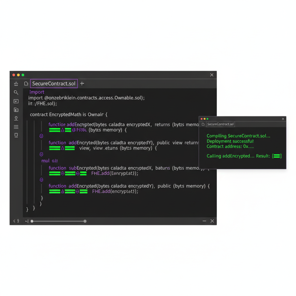 Solidity code editor with FHE.sol imports and encrypted math functions, glowing encrypted data