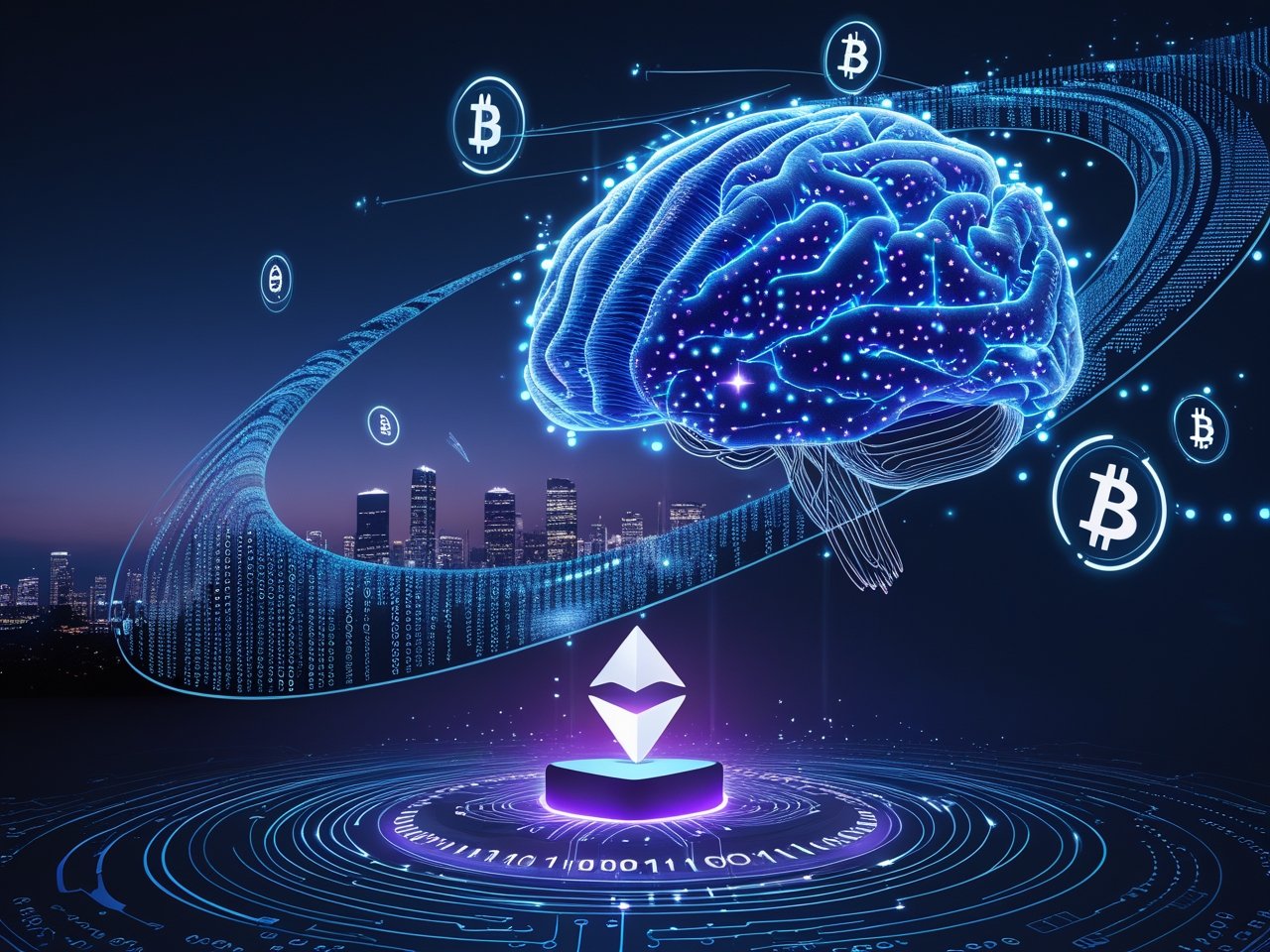 Abstract digital visualization of small AI models executing encrypted computations on a blockchain network, representing FHE toolkits for private onchain AI