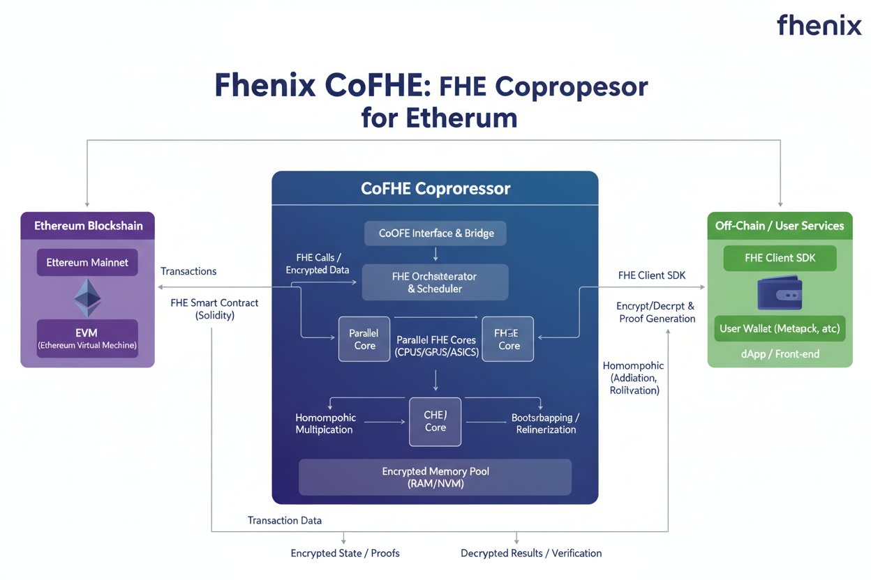 Diagram illustrating Fhenix CoFHE FHE coprocessor architecture for private on-chain DeFi computations on Ethereum