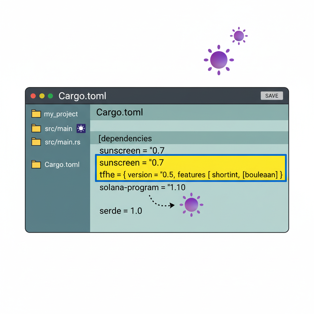 Cargo.toml file editing with Sunscreen and TFHE-rs dependencies highlighted, Solana icons