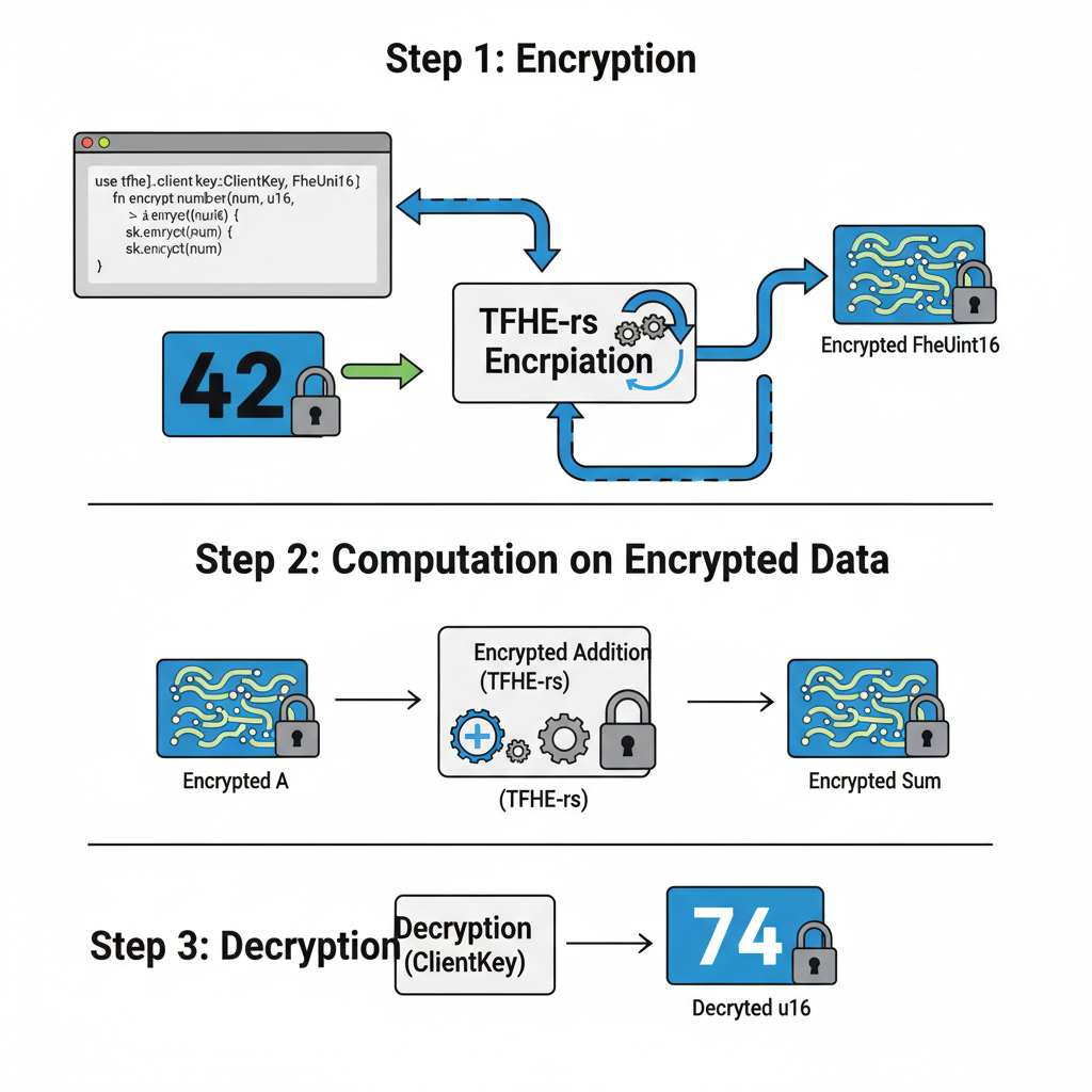 Rust code snippet encrypting numbers with TFHE-rs, padlock icons over data, encrypted flow diagram