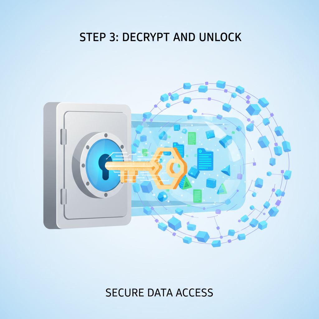Encrypted vault unlocking with decryption key, data revealing securely, holographic blockchain