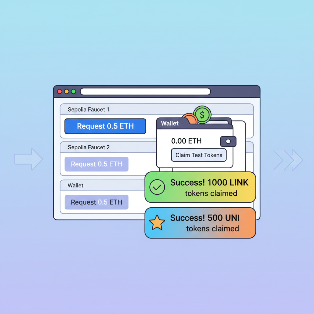 Browser tabs with Sepolia ETH faucets, wallet claiming tokens, colorful success notifications