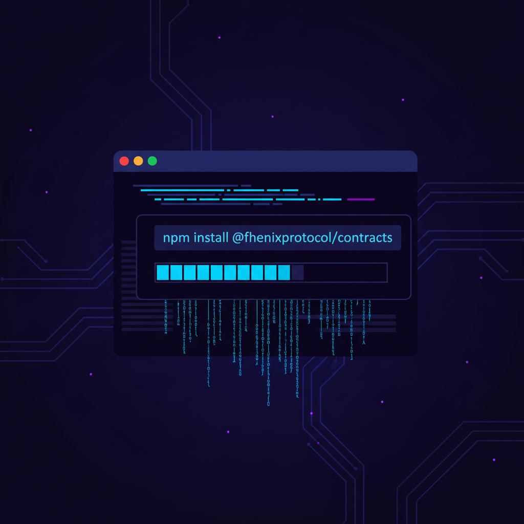 terminal window running npm install @fhenixprotocol/contracts, glowing blue encrypted data streams, dark cyberpunk theme