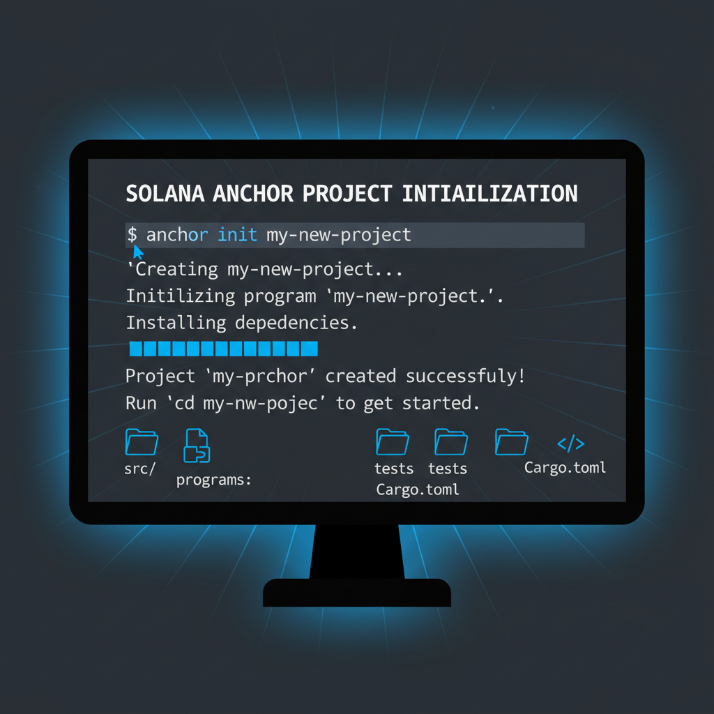 terminal screen initializing Anchor project on Solana, code snippets, futuristic blue glow