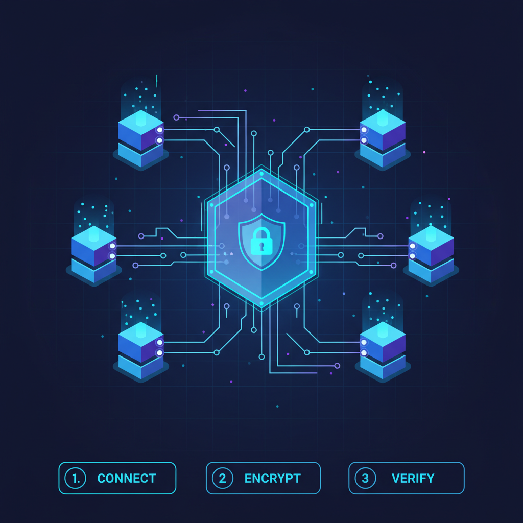 abstract glowing encrypted data streams flowing through blockchain nodes, futuristic blue neon cyberpunk style, high tech privacy shield
