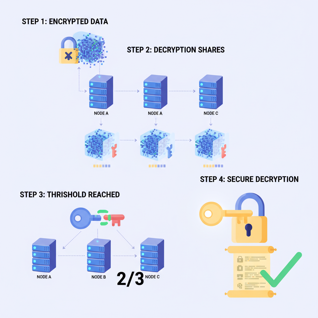 threshold decryption process visualization, multiple nodes decrypting data, secure reveal
