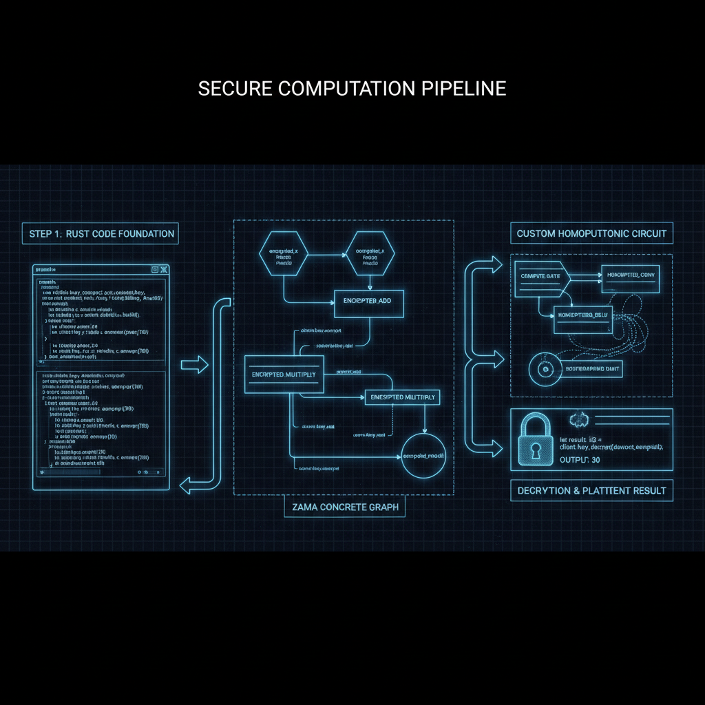 Rust code with TFHE-rs library, Zama Concrete diagram, custom circuit graphs with homomorphic ops, sci-fi blueprint style