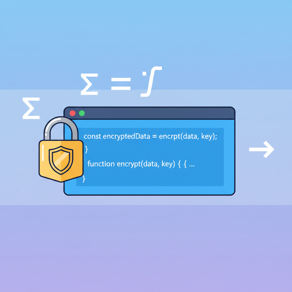 JavaScript code encrypting data, padlock and math symbols