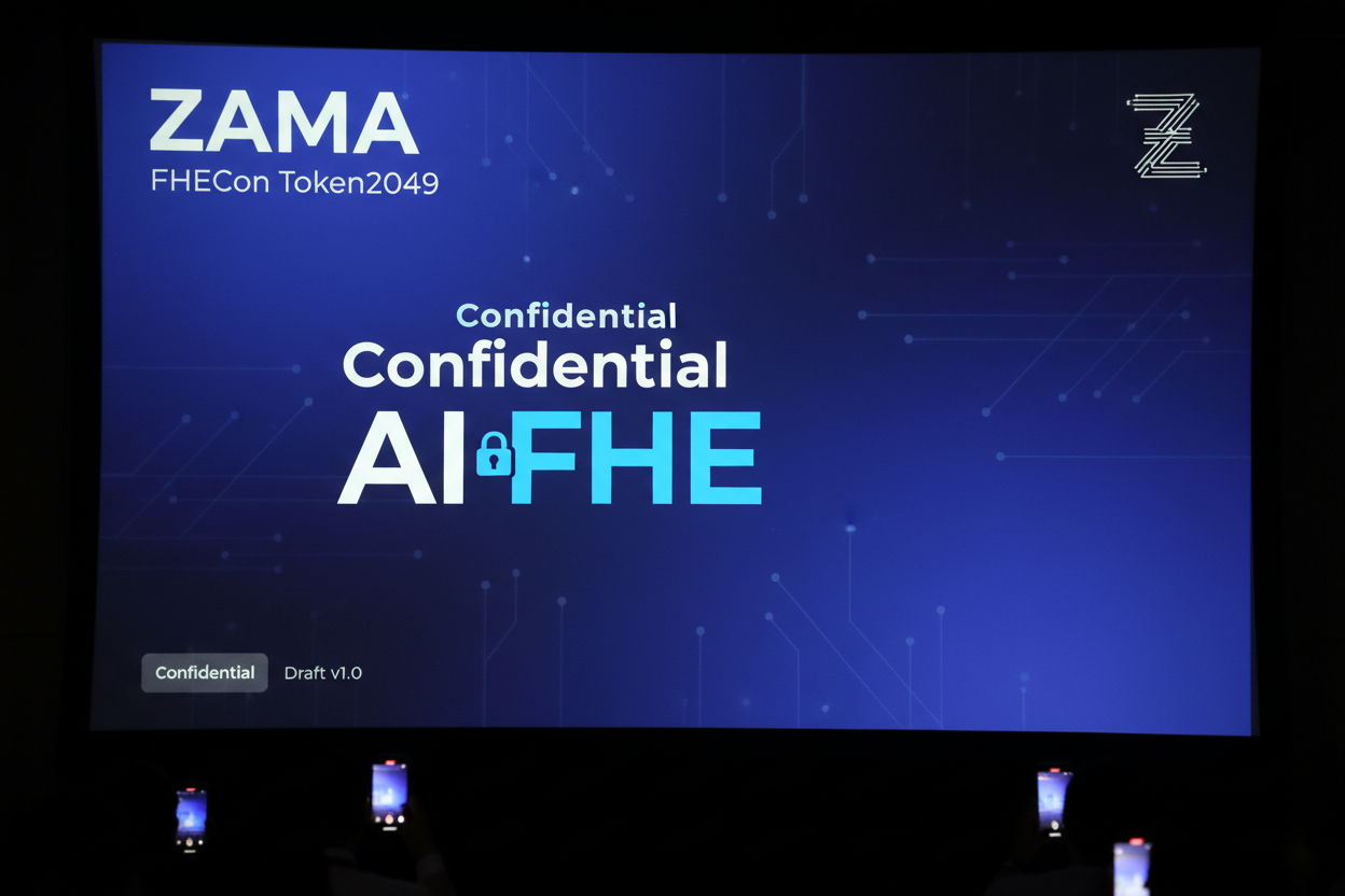 Screenshot from Zama's presentation on Confidential Decentralized AI Using FHE at FHECon Token2049, illustrating FHE toolkits for small skills-augmented AI models in private onchain compute