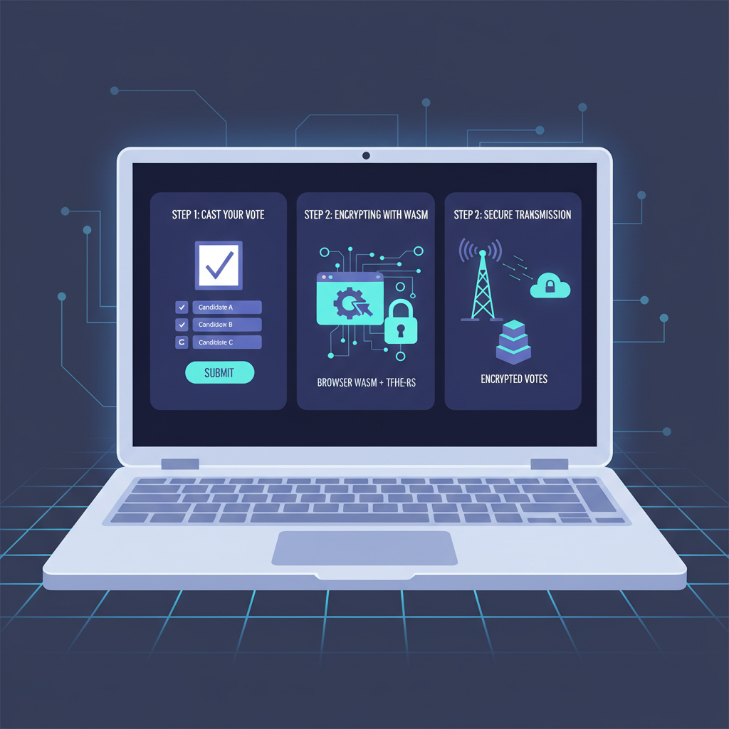 browser WASM encrypting votes with tfhe-rs, user ballot interface on futuristic laptop