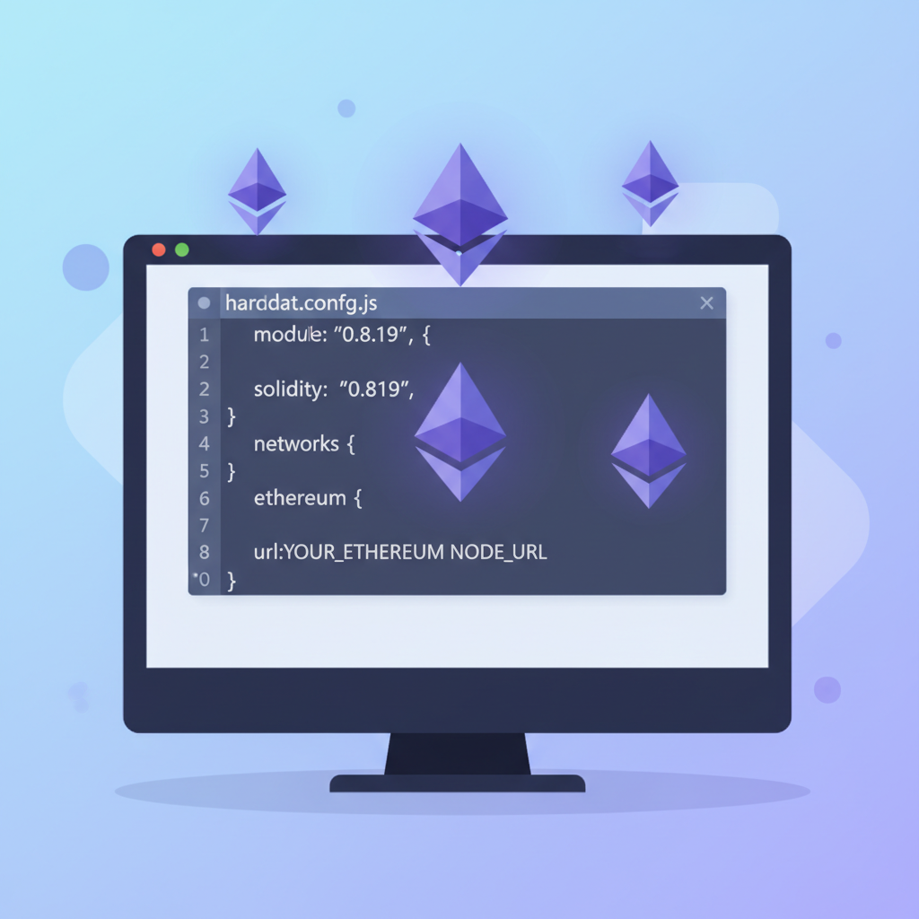 Hardhat config file open in VS Code, Ethereum nodes glowing