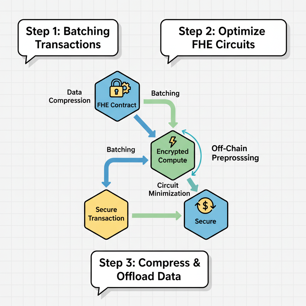 gas optimization chart for FHE contracts, efficient blockchain tx graph, tips overlay