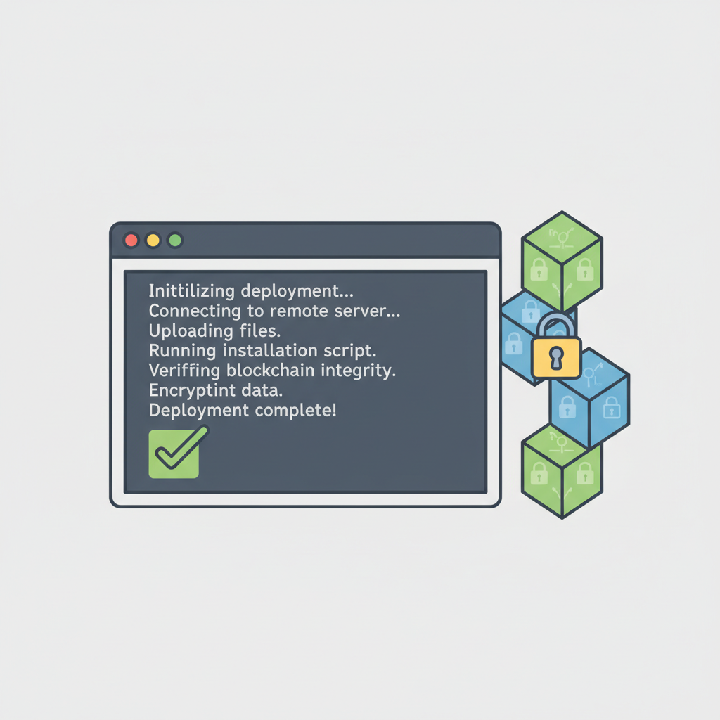 deployment script running in terminal, success checkmark, encrypted blockchain