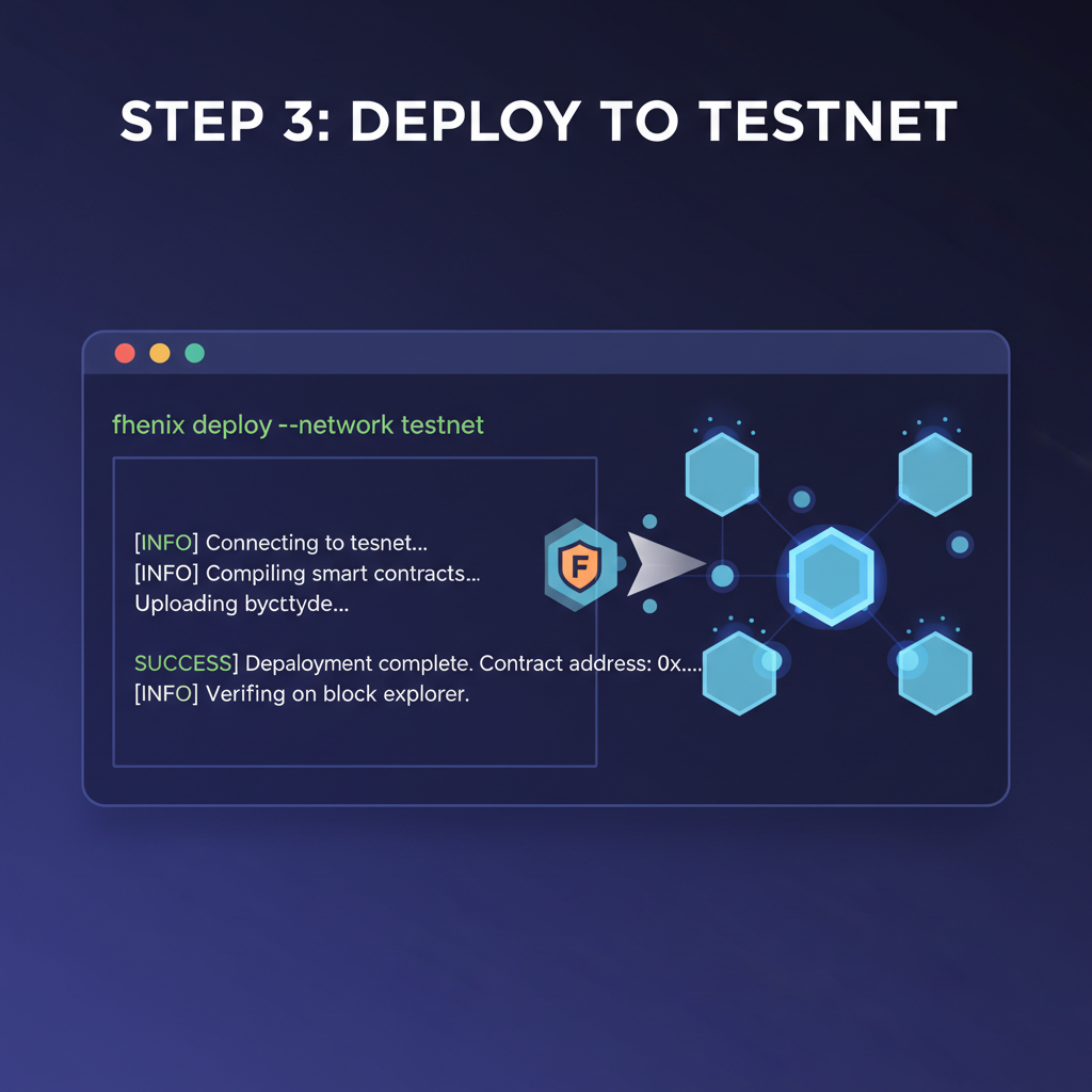 fhenix cli terminal deploying to testnet, blockchain network visualization