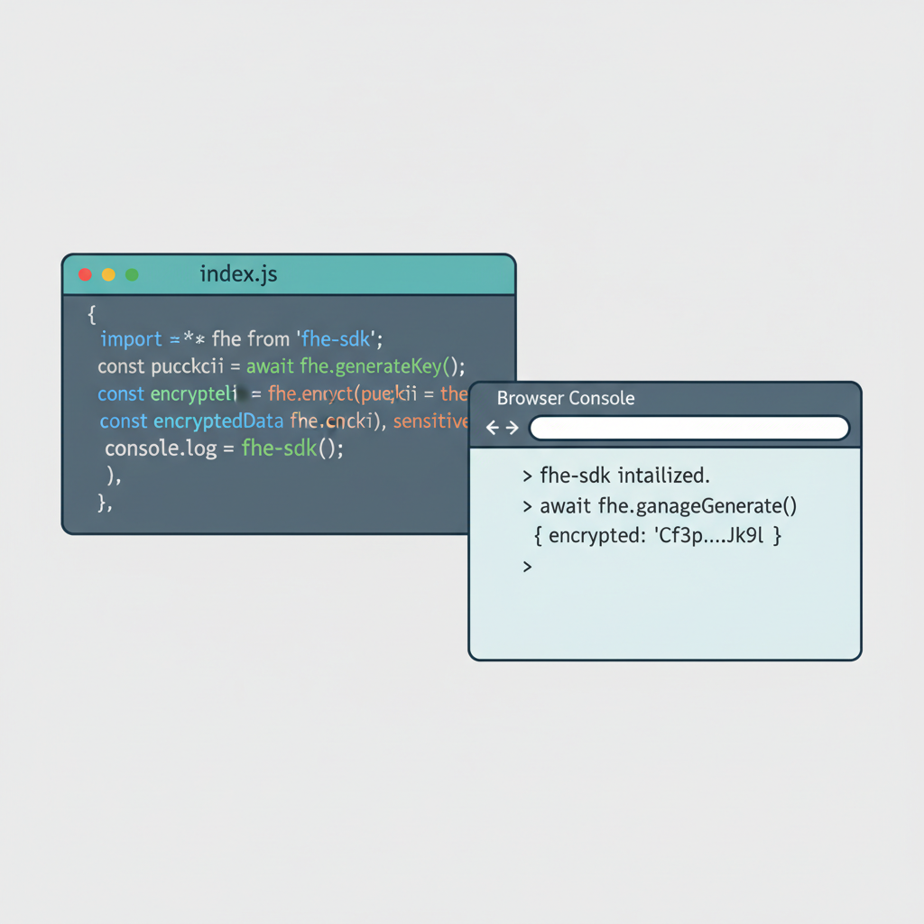 JavaScript code encrypting data, browser console with FHE SDK