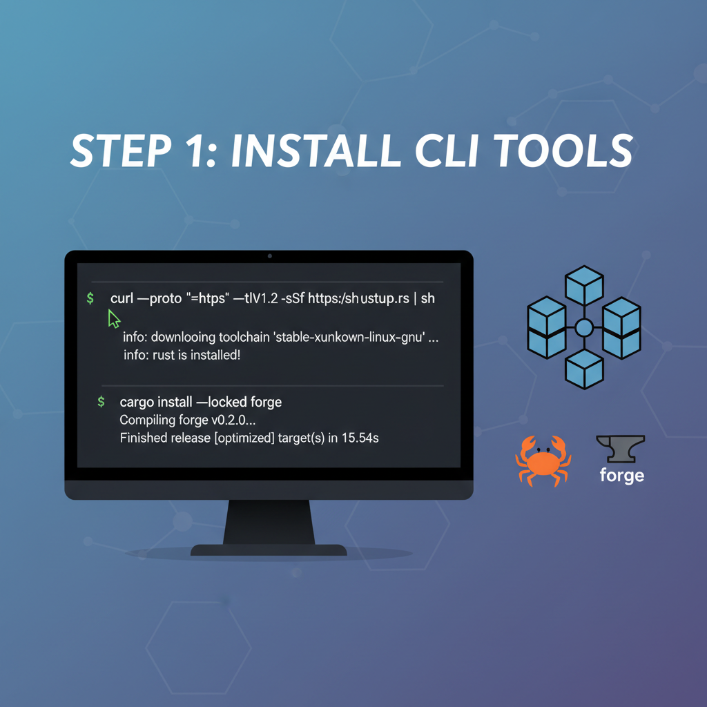 command line installing CLI tools, cargo and forge commands, blockchain icons