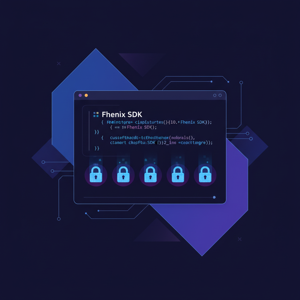 Developer terminal encrypting data with Fhenix SDK, code snippet glowing, encrypted lock icons, dark futuristic UI