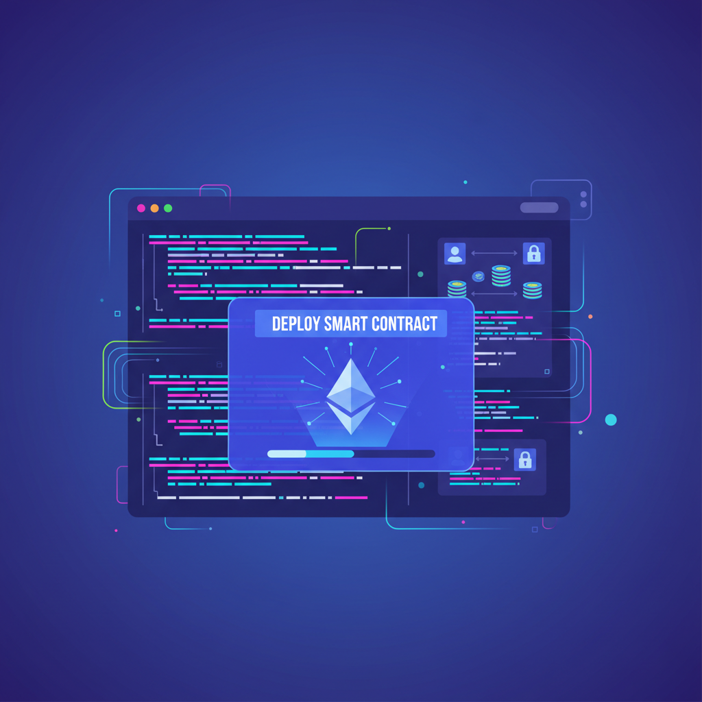 Vibrant Solidity code editor with encrypted data flows, padlocks on loan icons, Ethereum smart contract deploying, futuristic UI glow