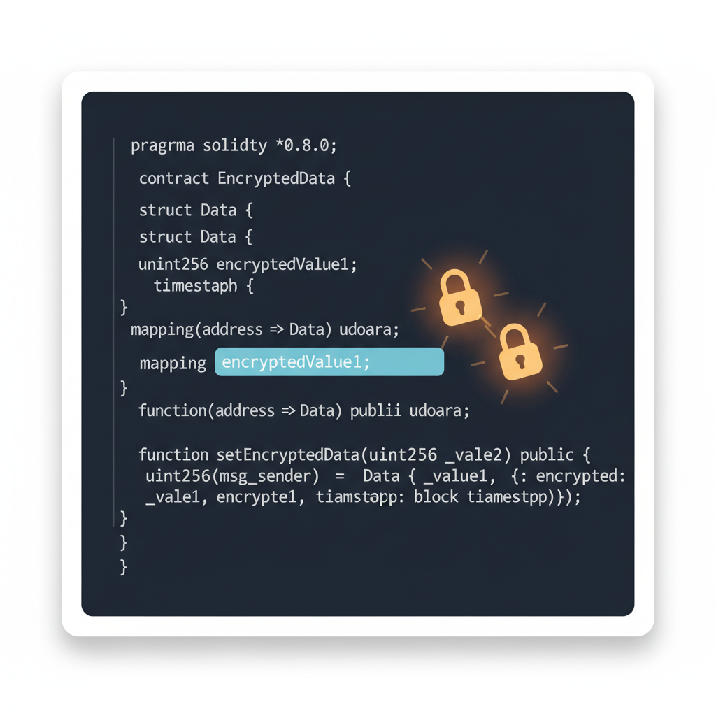 Solidity code snippet with euint256 variables highlighted, encryption locks glowing