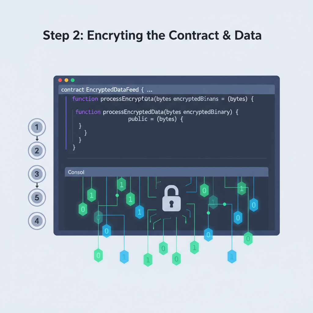 Solidity code editor with FHE encrypted contract, binary data flowing