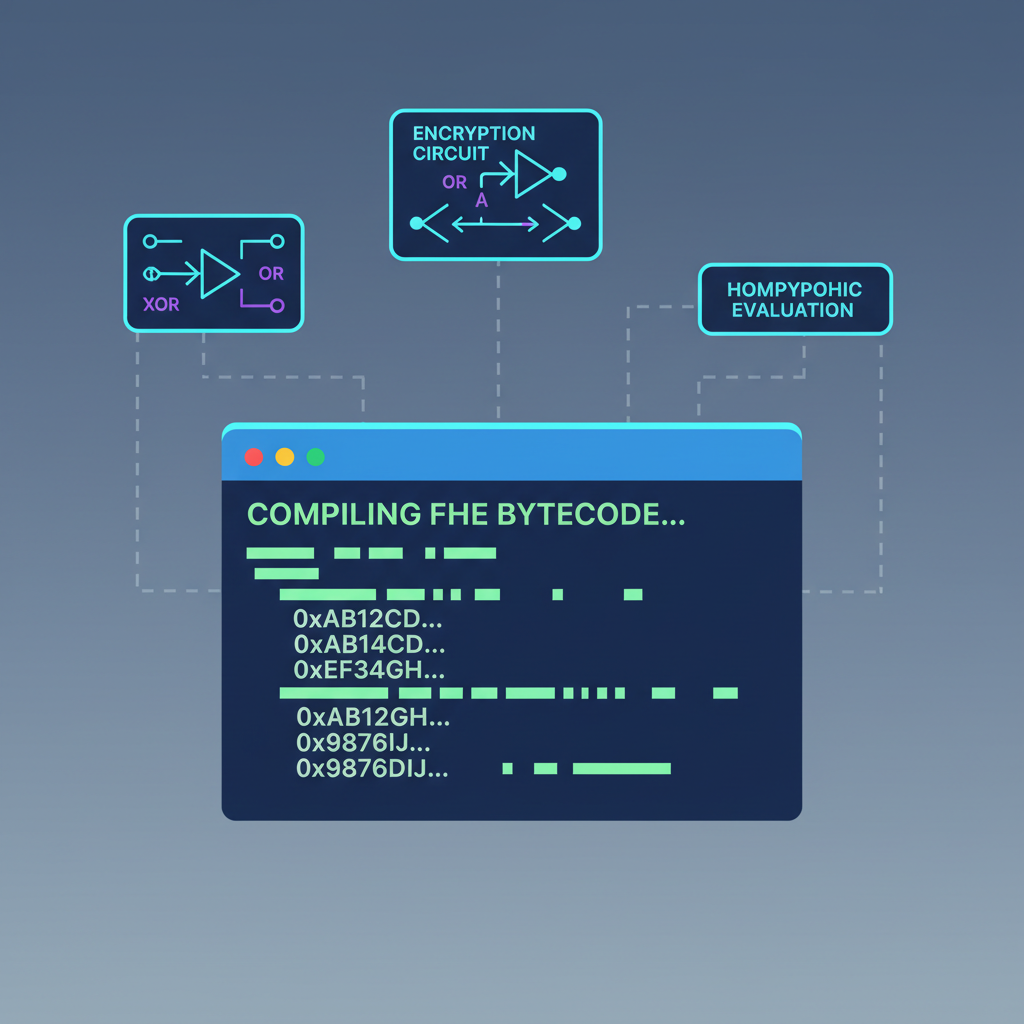 compiler terminal outputting FHE bytecode, circuit diagrams floating