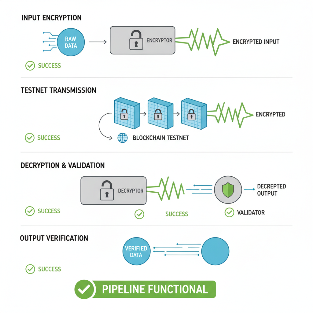 testing encrypted data pipeline on blockchain testnet, input output graphs with lock icons, green success indicators