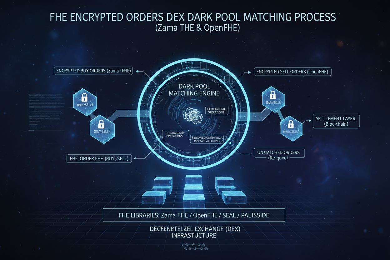 Conceptual diagram of encrypted orders matching in a DEX dark pool using FHE toolkits like Zama fhEVM, TFHE-rs, Microsoft Sunscreen, Concrete, and OpenFHE for private onchain DeFi trading