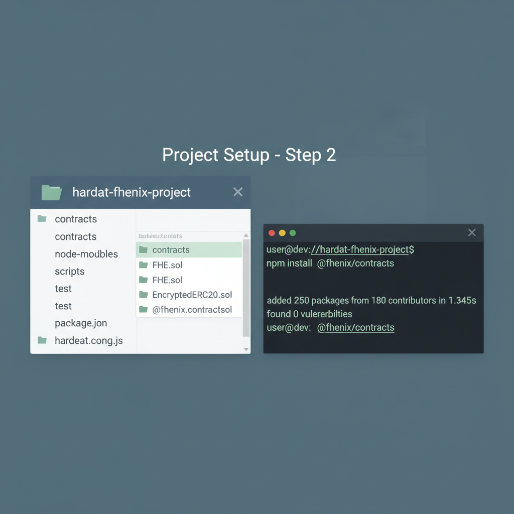 Hardhat project folder structure with npm install Fhenix contracts terminal screenshot clean UI