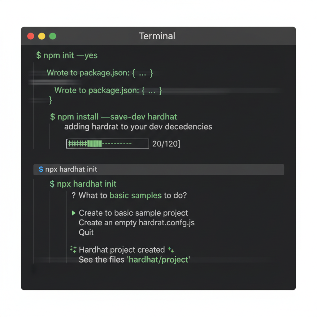 terminal window initializing Hardhat project, code lines scrolling