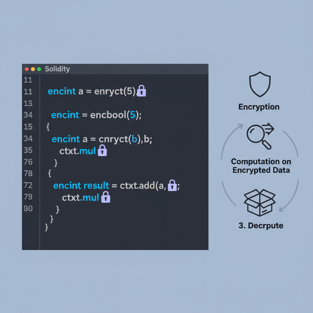 Solidity code editor with FHE types highlighted, encrypted data icons