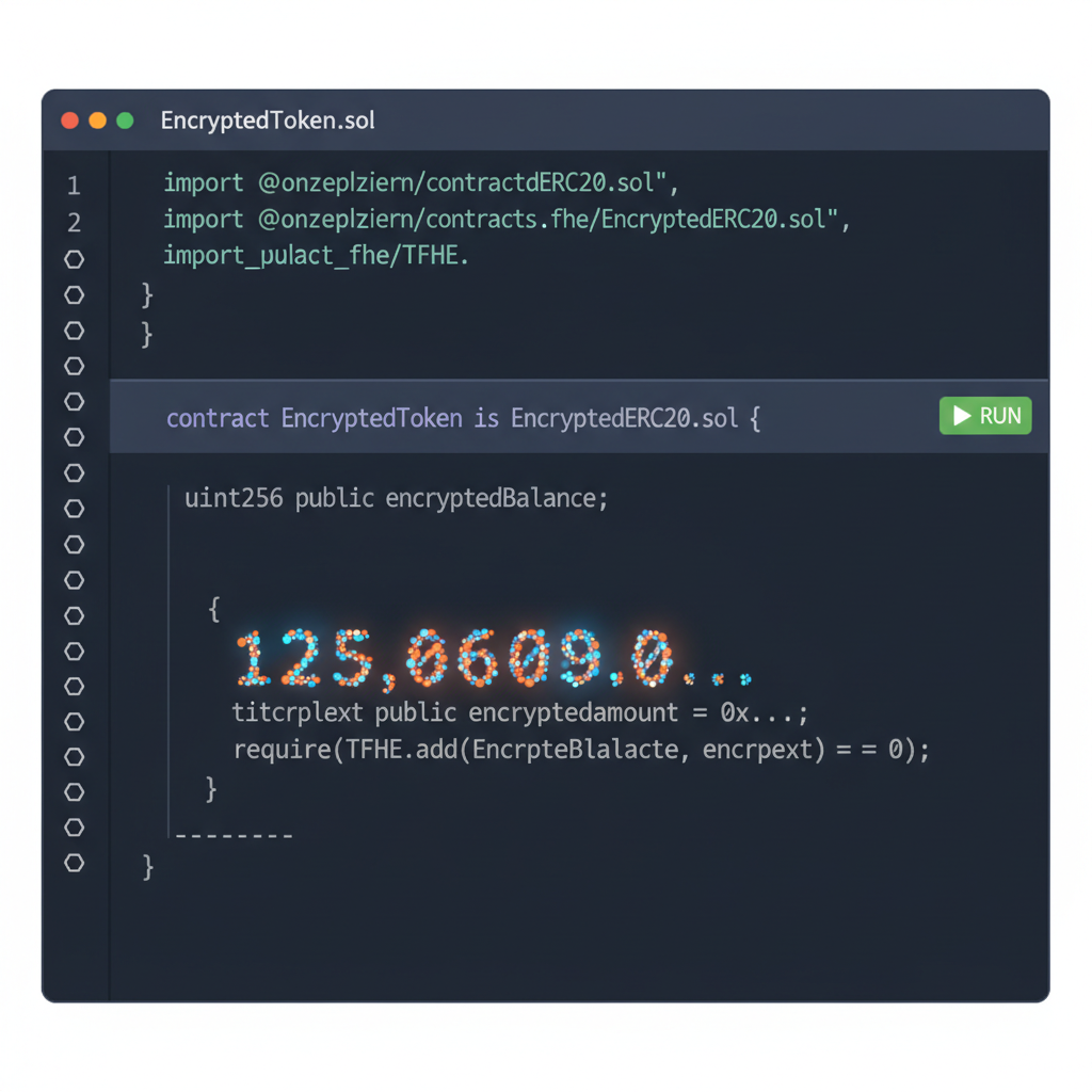 solidity code editor with fhevm imports, glowing encrypted numbers, dark theme