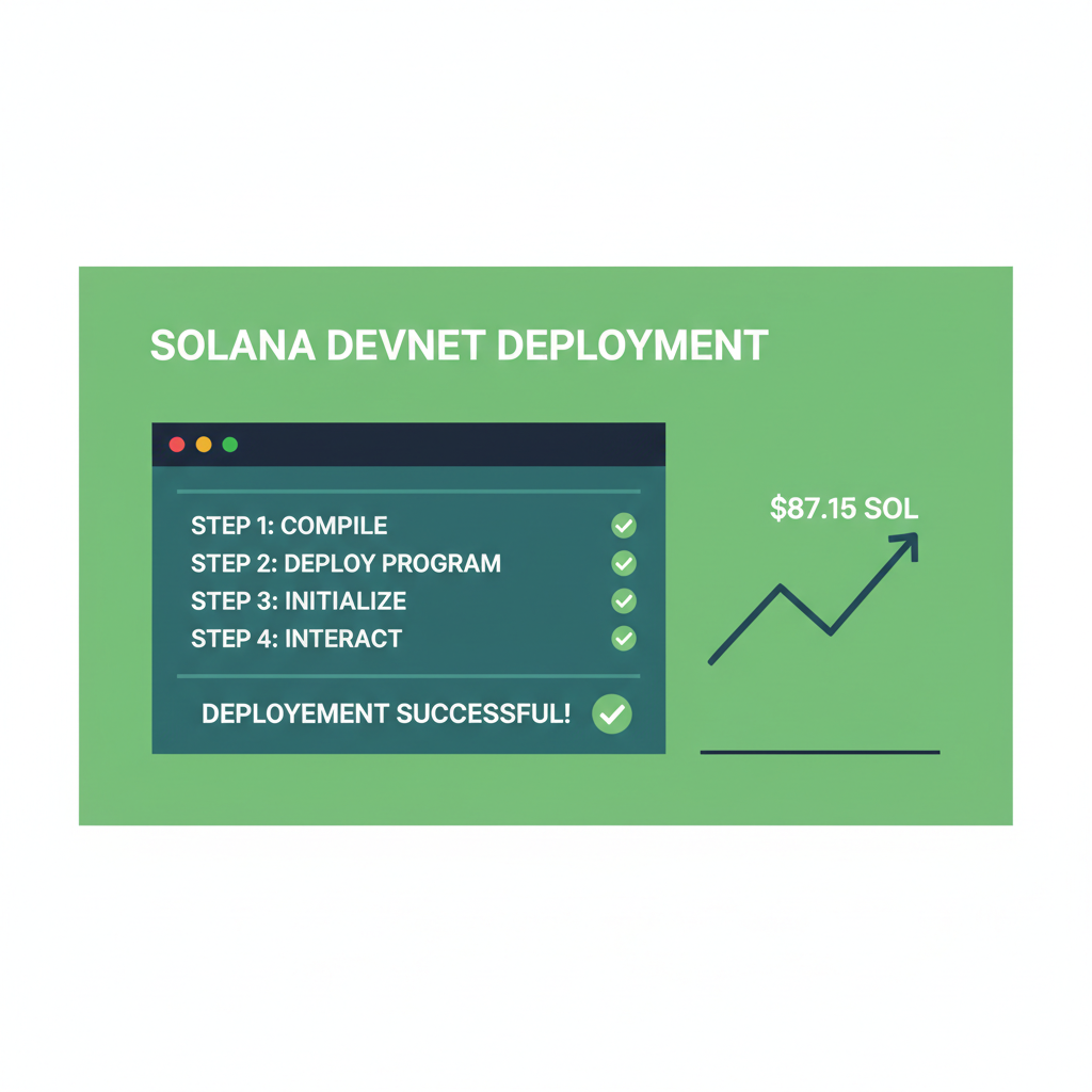 Solana devnet deployment terminal, SOL price chart at $87.15, success checkmarks
