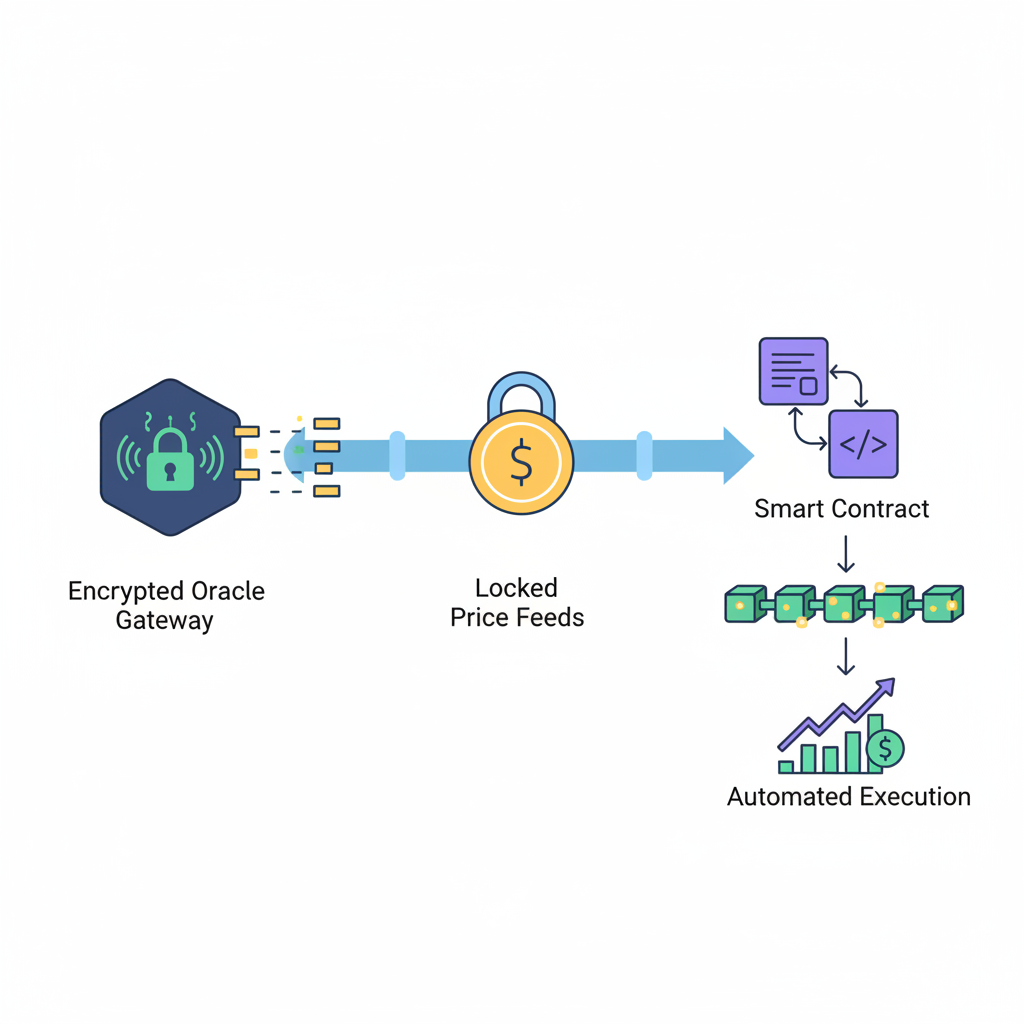 Encrypted oracle gateway feeding data to smart contract, locked price feeds, blockchain oracle visualization
