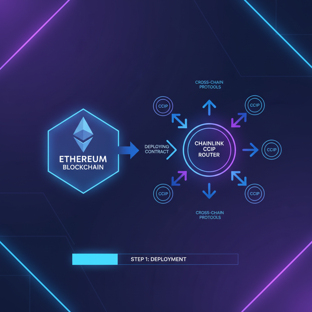 ethereum blockchain deploying chainlink ccip router contract, futuristic network diagram, blue and purple neon glow