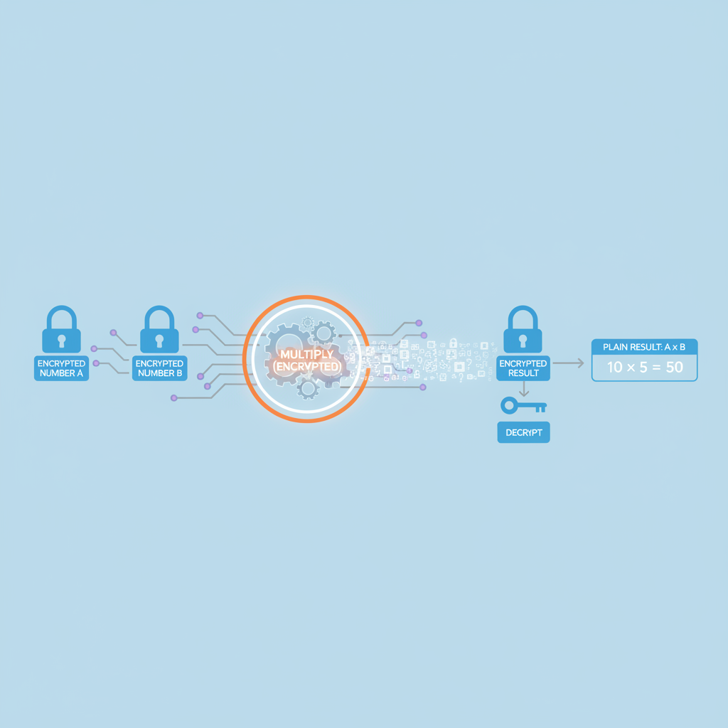 homomorphic encryption computation visualization, encrypted numbers multiplying, glowing circuits