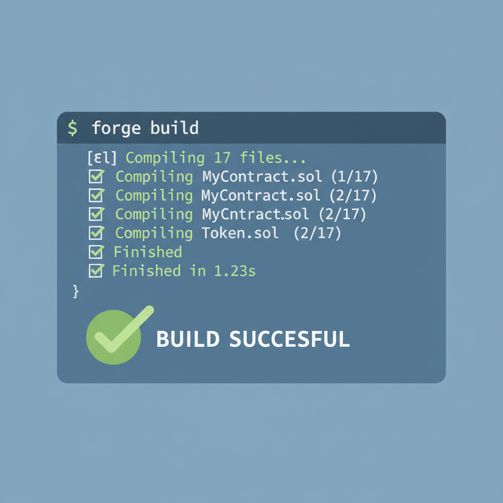 terminal compiling Solidity contract, forge build output, success checkmarks