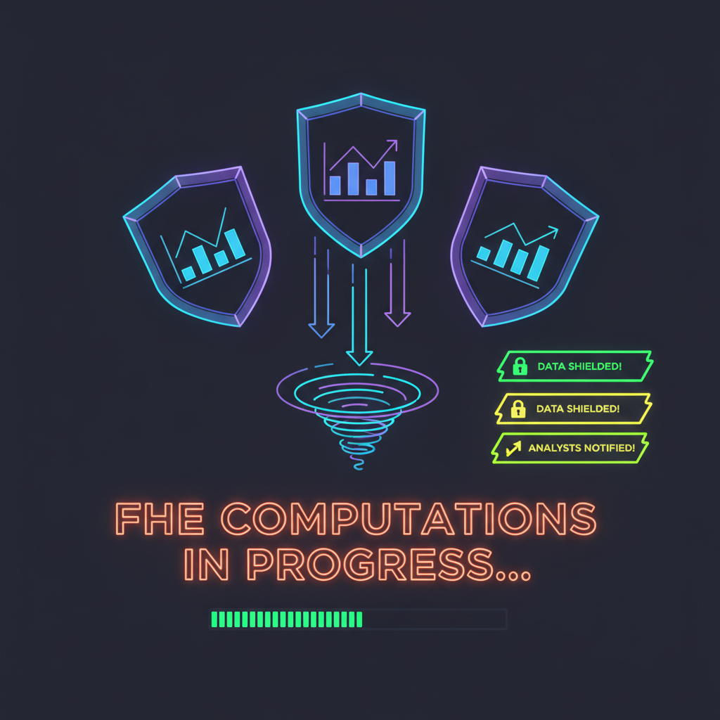 confidential liquidation test dashboard, shielded charts dropping, FHE computations in progress, neon alerts